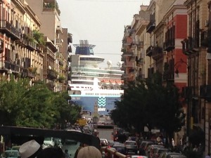 Looking down via Amari towards the wharves and the cruise ships