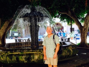 Fountain, trees and Jim at the park in the Centro, Marsala