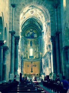 Duomo (cathedral) at Cefalu, very similar to the Duomo at Monreale outside Palermo, including the Christ Pantocrator mozaic. While here, we witnessed a wedding as can be seen at the lower middle of the photo.