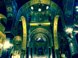 All three apses, with Christ Pantocrator in the center. There is a second presentation of Christ Pantocrator in the ceiling/cupola above the altar up where the light is shining through the three windows.