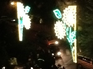 Festival lights above the street in front of the stairs up to our apartment