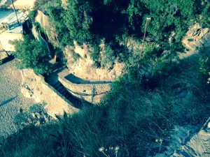 Stairs at the beach and of the ravine through which one must walk to get to the beach