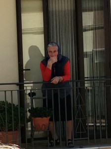 Maria Giangiordano, Adolpho Ambrosini’s sister-in-law, talking with Connie and Fran from her balcony across from Adolpho’s home in Monteferrante