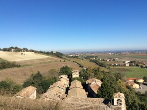 The countryside around the castle of Torrechiara. In the foreground is the village of Torrechiara which abutts the caste. Note how guards could look down each street to see the enemy if under attack.