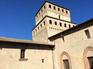 One of the four corner towers of the Castello di Torrechiara — and the one which served as the jail or castle keep.