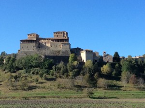 Castello di Torrechiara. In this case, torre does not mean tower. The name came from the days when monks squeezed or pressed olives to make olive oil. In Italian, they were applying “torque” to extract the oil and tor-ka became torrechiara.