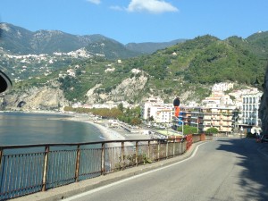 Driving along the Amalfi Coast Highway down to Maiori.