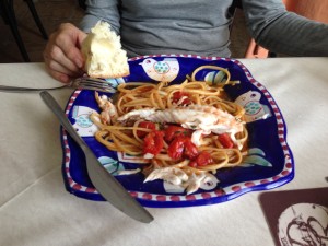 Lunch on Capri. The house special: scorpion fish with lingine, tomato based sauce. Ottimo.