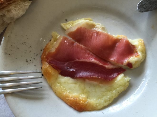 Chad's birthday lunch appetizer: fried cheese topped with prosciutto. 