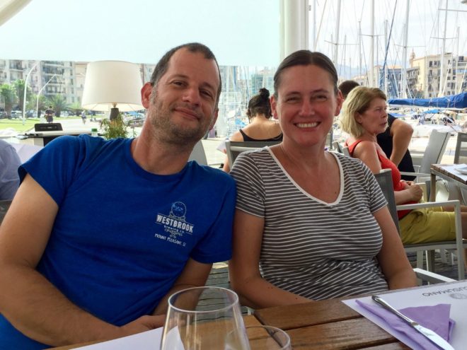 Chad and Juli, last full day in Palermo, enjoying a nice, seafood lunch on the harbor.