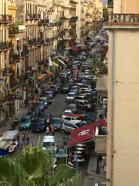 via Scordià, one of the four streets feeding into our piazza. Check out the double & triple parking and the lane squeezing by.