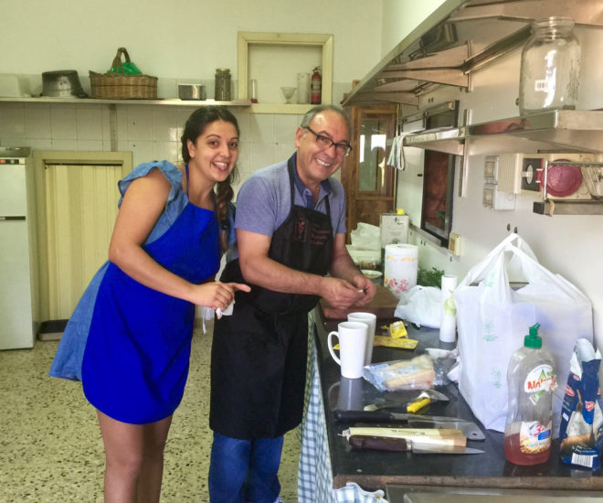 Capocuoco (master chef) Vincenzo and Alice prep in the kitchen.