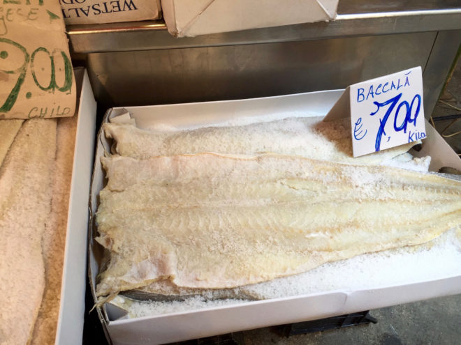 Baccala, or dried and salted cod fish. Baccala is used extensively in Italian Christmas Eve dinners.