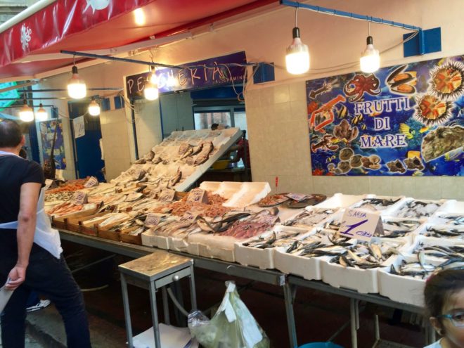 Frutti di mare - fruit of the sea. There were many such displays in this never-ending market.