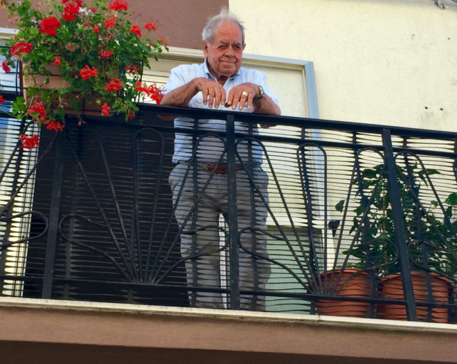 Il patrone, Adolfo, on his balcony wishing us a buon viaggio (good trip.)