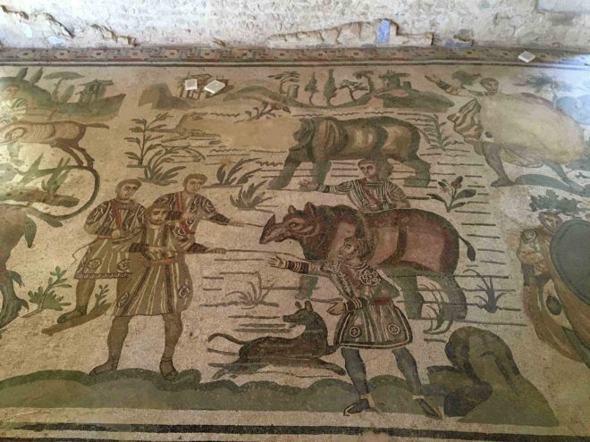 Mosaic floor depicting a hunt -- a favorite pastime of the Romans.