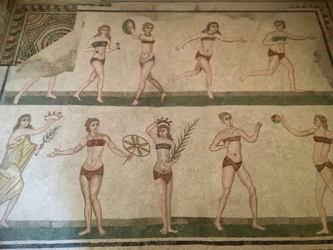 Who said bikinis were not invented until 1975. This mosaic was created in 200-300 AD. The woman participated in Olympic-types games.