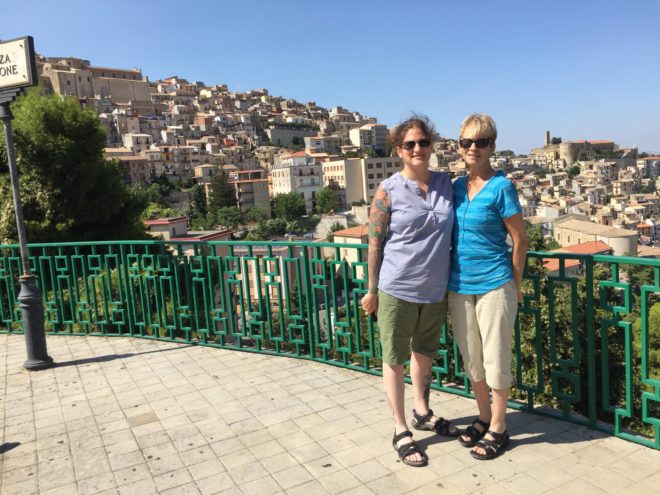 Michele and Fran standing on the piazza in San Giovanni Gemini.