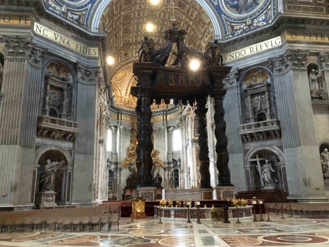 In the Basilica of St. Peter's near the high altar. St Peter's crypt is below the altar.