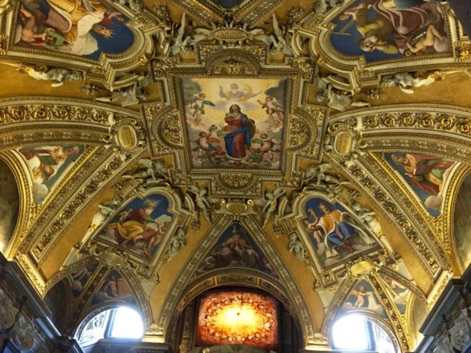 The elaborate ceiling in the dome above the altar. S. Maria Maggiore was the first church actually dedicated to the Virgin Mary.