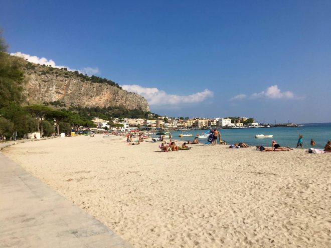 One end of Mondella beach. The beach area to the right of this photo still had hundreds of umbrellas and beach chairs on the sand.