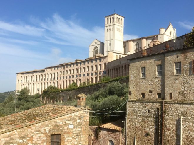 The church from a lower level down by the parking garage. The long structure is where the monks used to live and study.