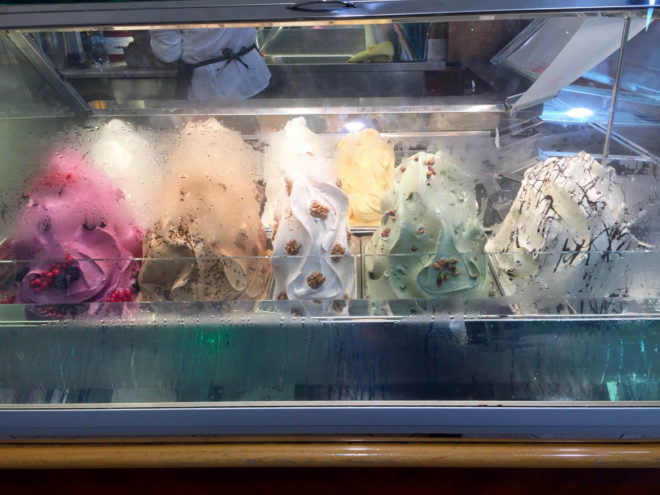 Gelato, in a shop with a very pretty display.