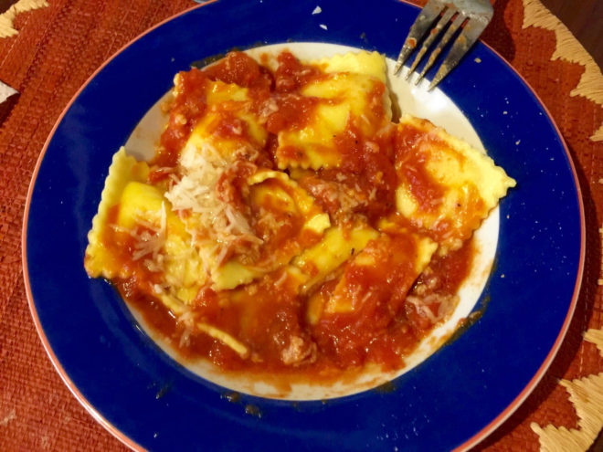 Fresh ravioli from the Central Market along with my sugo, or tomato sauce.