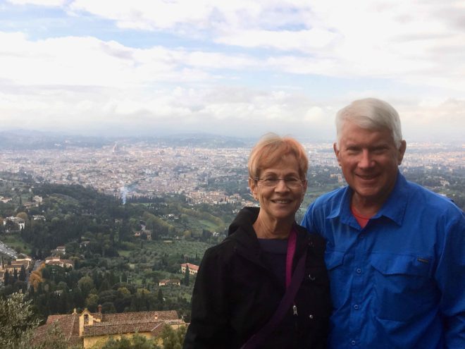 Fran and Jim with Florence in background, Duomo center left. Taken from the terranza up at the Church and Monastery of San Francesco, Fiesole