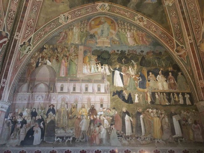 Art in the Spanish Chapel. This painting depicts Triumph of the Doctrine; the dogs of God (a pun on the word Dominican - domini canes) are sent to round up lost sheep into the fold of the church