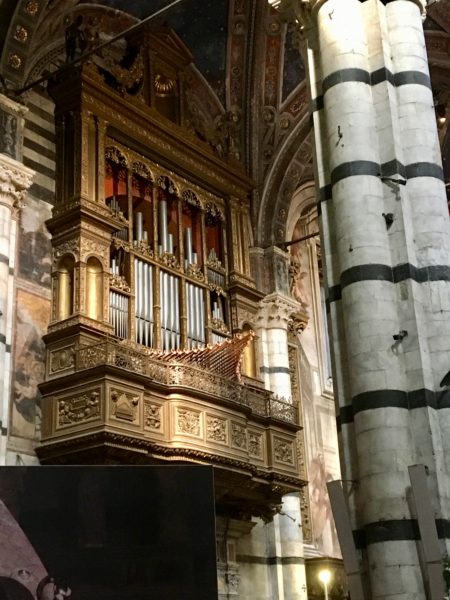 Half of the organ pipes, left side. Notice the horizontal horns at the bottom of the vertical pipes.