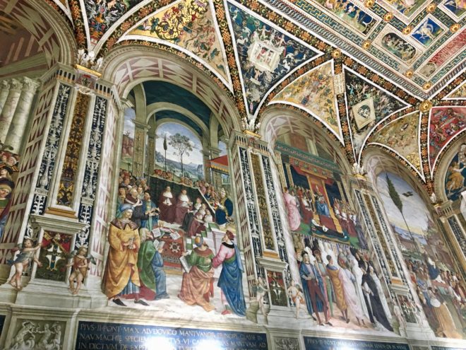 Partial wall of the Piccolomini Library. The story of Siena's favourite son, cardinal Enea Silvio Piccolomini, who eventually became Pope Pius II.