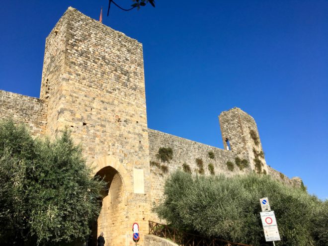 Wall and porta (door or gate) into Monteriggioni, a hilltop fortress which helped protect this part of Tuscany.