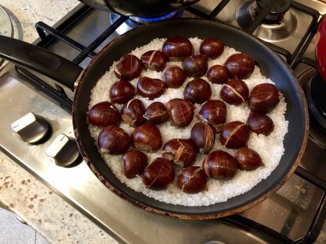 Chestnuts prepared a little different than in New York. Laid in a bed of salt and cooked on the stove - not "chestnuts roasting over an open fire" but very good.