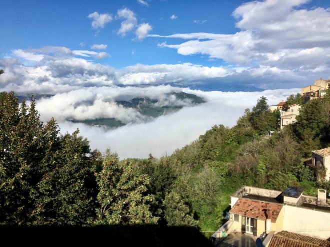 This beautiful scene of the clouds rolling into the valley, Mount Maejella in the background, was a precursor to several days of clouds and rain up in Monteferrante.